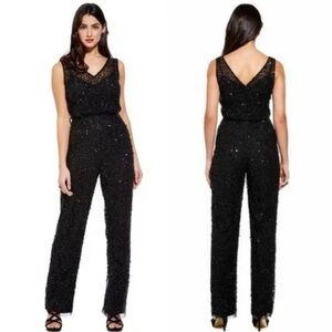 Adrianna Papell Black Sequin Beaded Jumpsuit Illusion Neckline 4